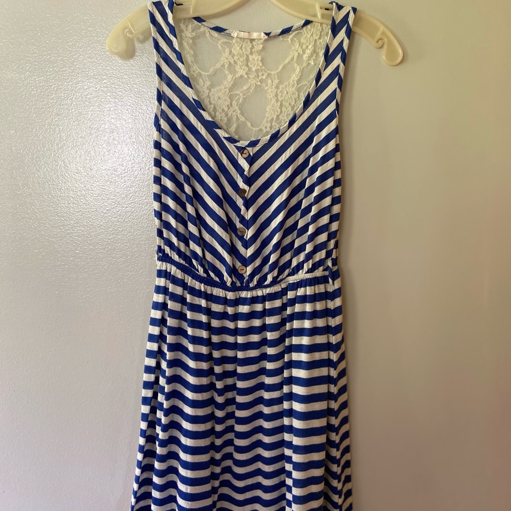 Pearl Brand Blue/White Striped Midi Dress with Lace Back